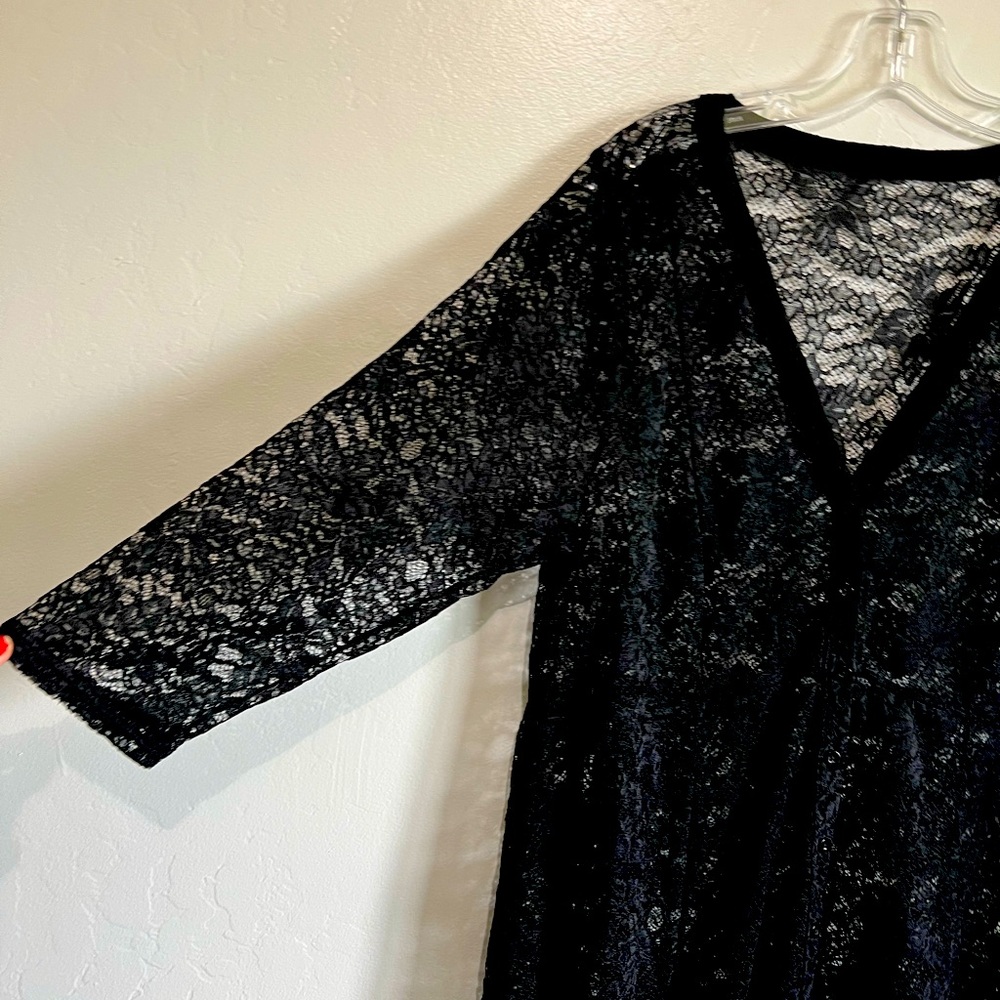 Black lace button up v neck dress coverup 3/4 sleeve see measurements